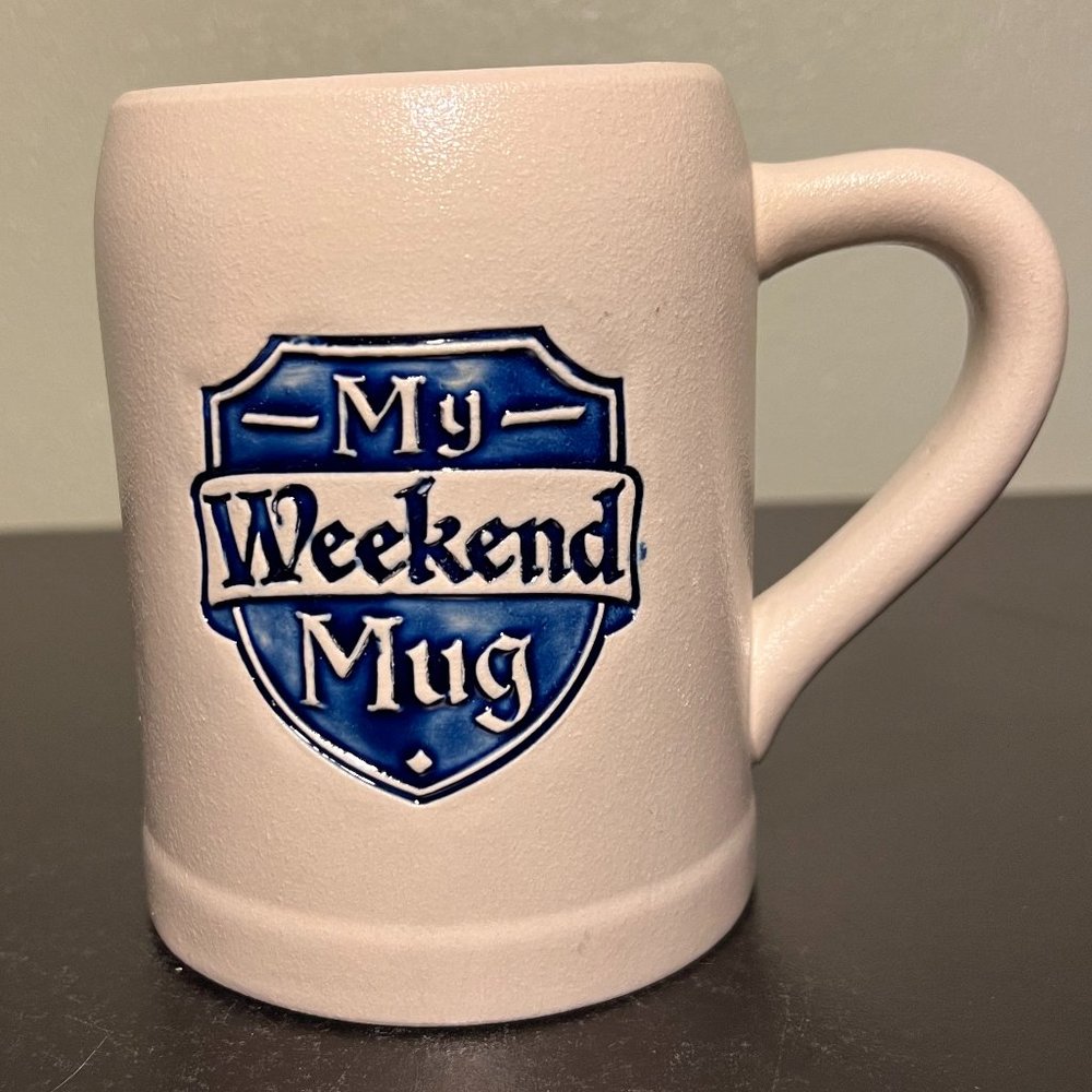 Hallmark MY WEEKEND MUG Beer Stein Mug Gray Stoneware Embossed 18oz TGIF